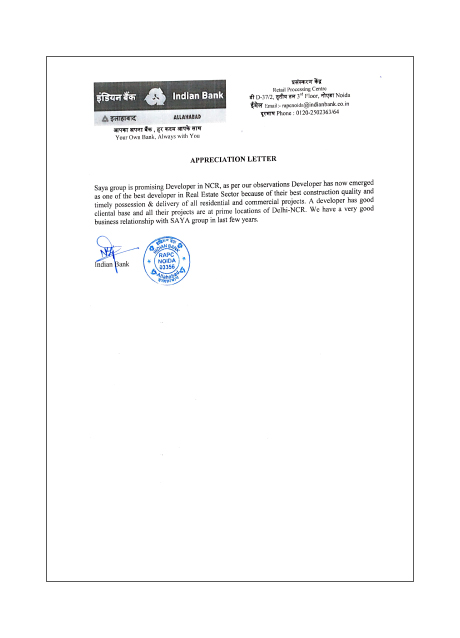 Indian Bank - Letter of Appreciation