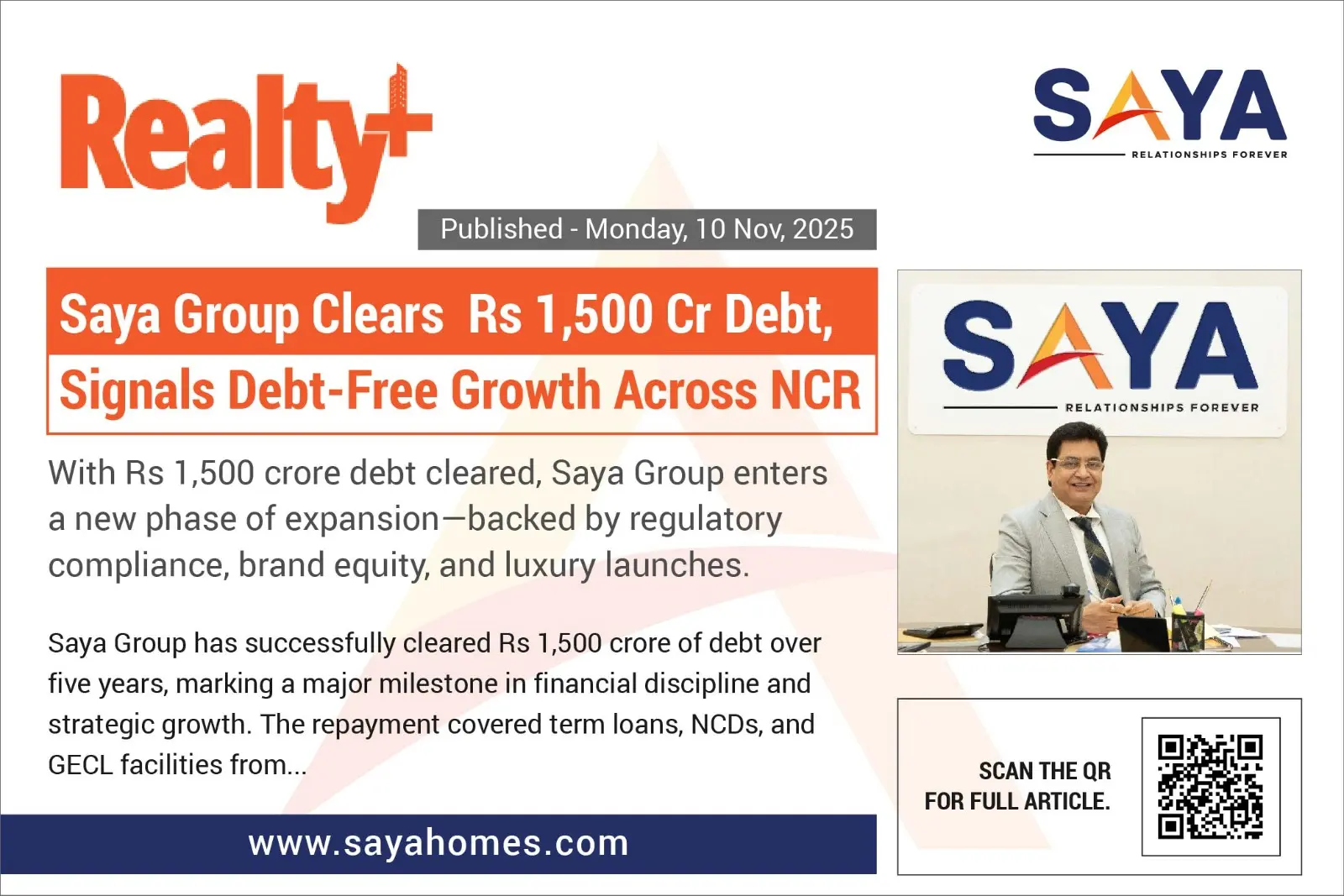 Saya Group Clears Rs 1,500 Cr Debt, Signals Debt-Free Growth Across NCR - Realty+